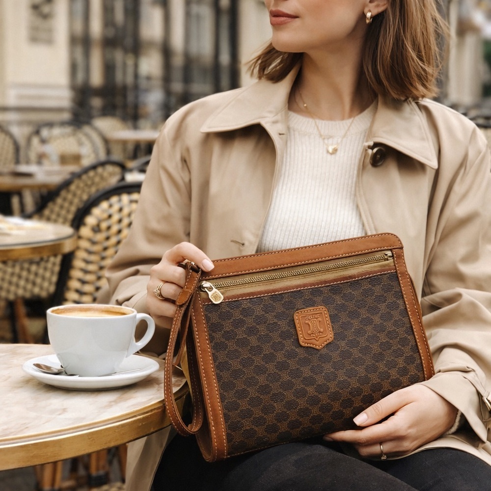 Vintage Celine Macadam Wristlet Zip Clutch Brown Retro Pouch Old Money Quiet Lux - Picture 2 of 16